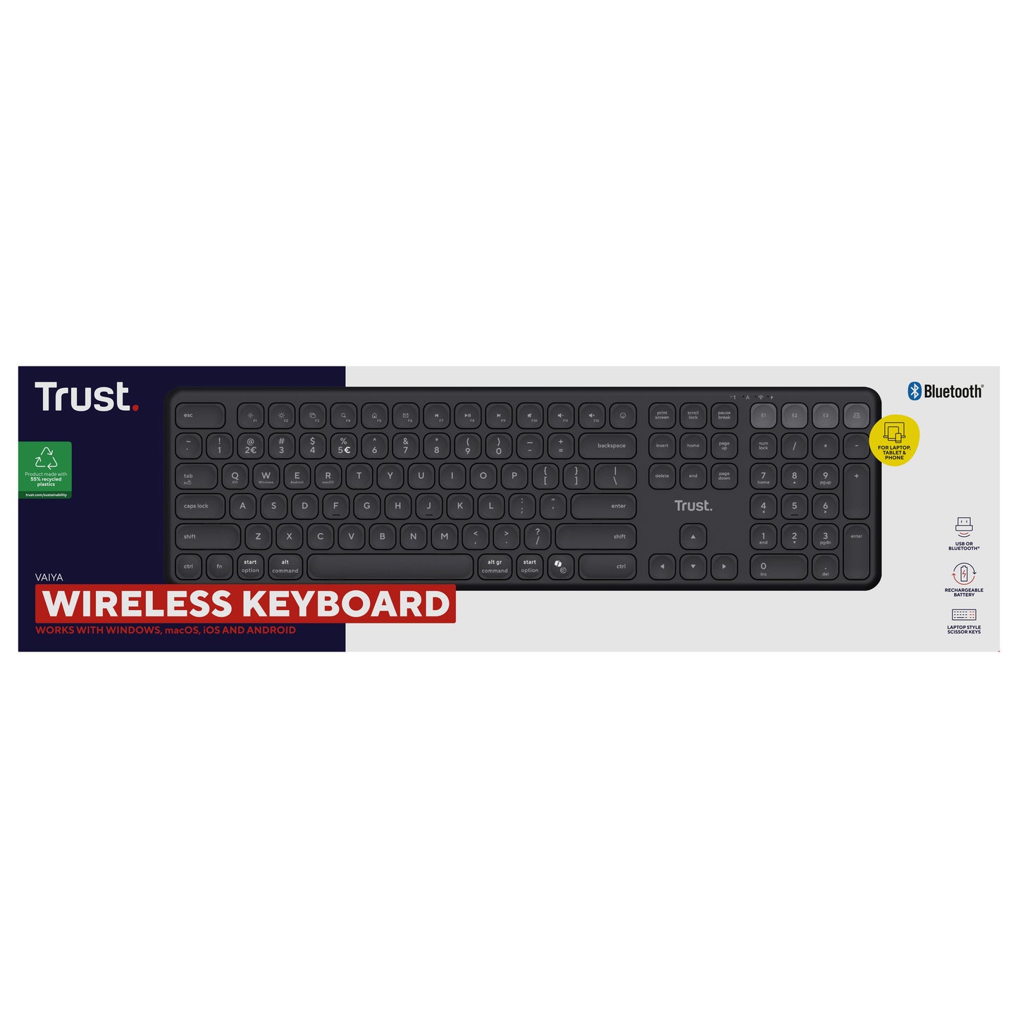 Tastiera wireless Trust vaiya (nera, layout americano, bluetooth 2,4 GHz)