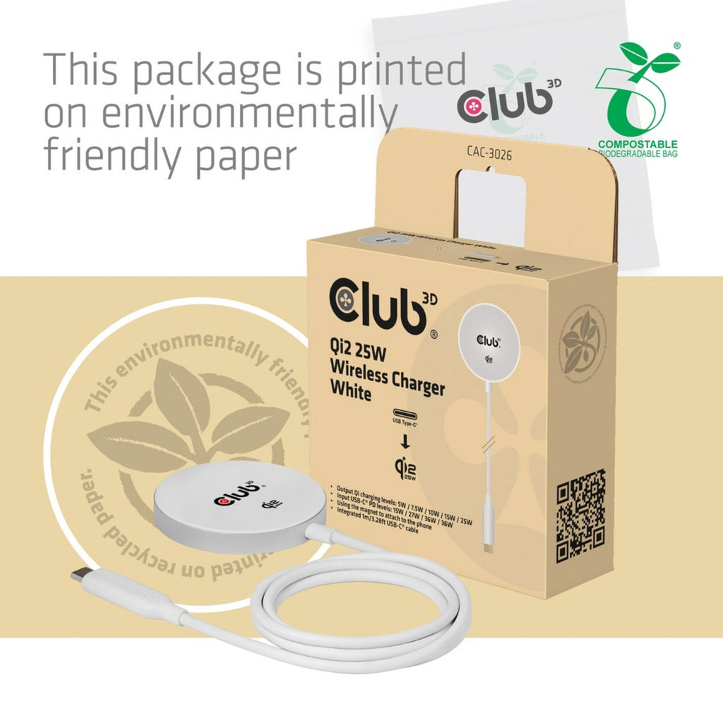 Caricabatterie wireless Club 3D CAC-3026 Qi2 25 W (bianco, certificato Qi, compatibile MagSafe, supporto magnetico)