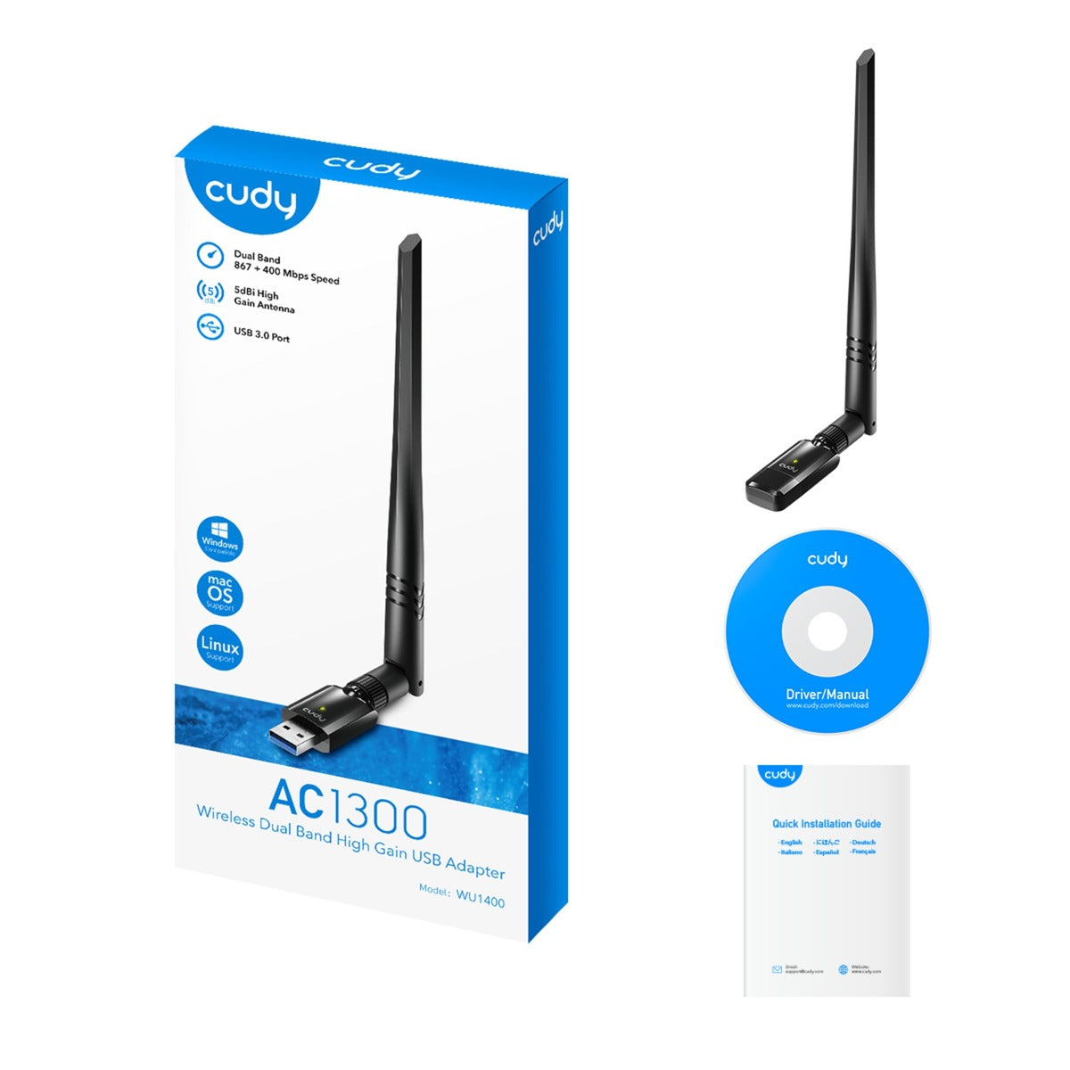 Cudy AC1300 Wi-Fi Adaptador USB de alta ganancia
