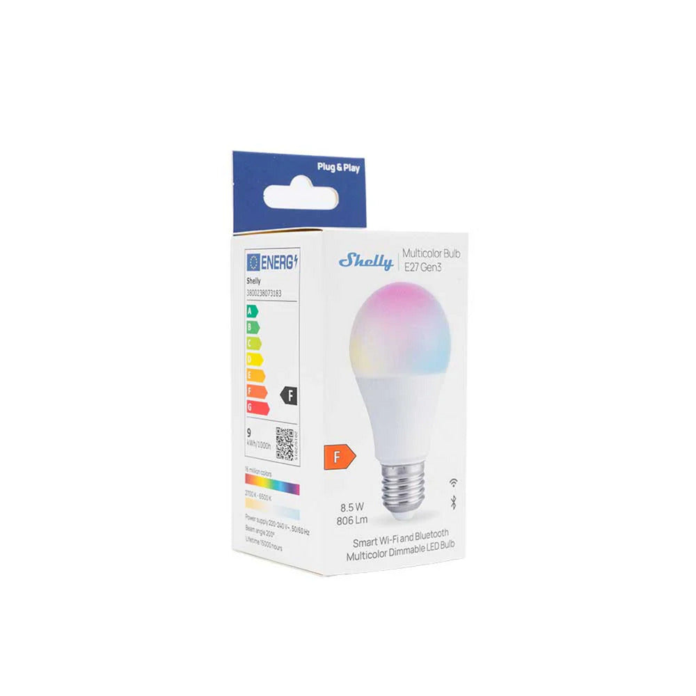 Shelly bombilla multicolor e27 gen3 lámpara LED (blanca, 2700-6500k, WiFi, Bluetooth, regulable)