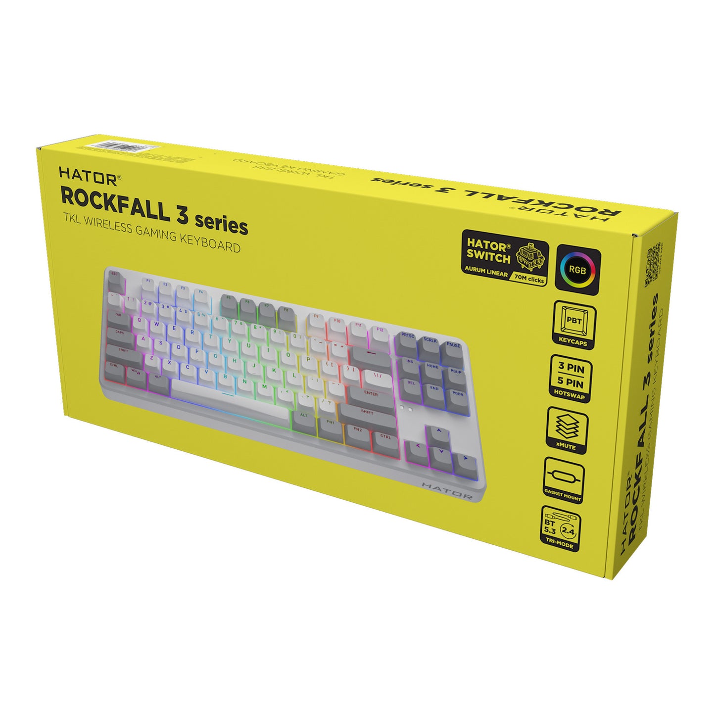 Hator rockfall 3 tkl inalámbrico, teclado para juegos (blanco, diseño estadounidense, hator aurum orange, rgb, teclas pbt, hotswap, bluetooth usb-c de 2,4 ghz)