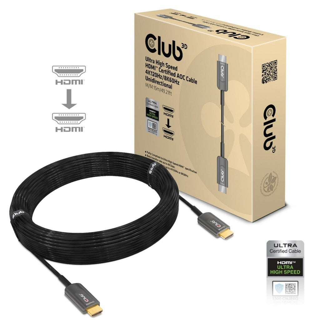 Cable AOC certificado HDMI de ultra alta velocidad Club 3D (negro, 15 metros, 4K 120Hz 8K 60Hz, unidireccional)