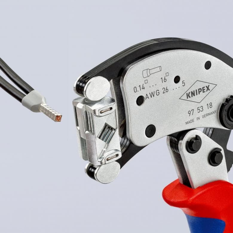 Knipex twistor 16 zelfinstellende krimptang voor adereindhulzen (rood blauw, met draaibare krimpkop)