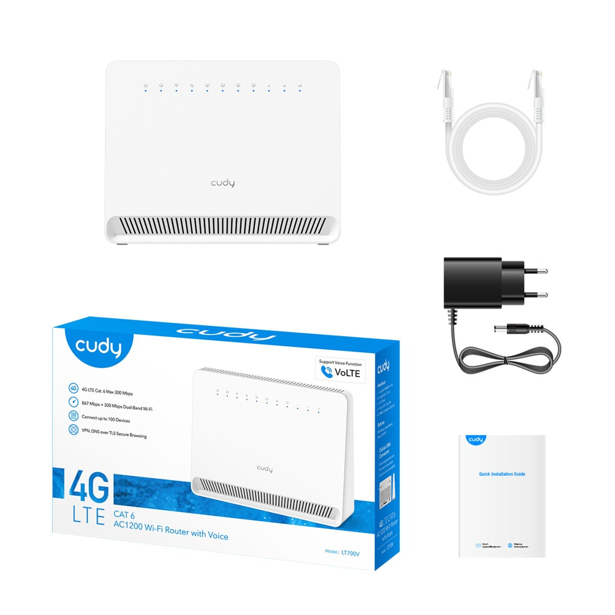 Cudy ac1200 wi-fi 4g lte-cat6 gigabit router lt700v mesh router (wit, mesh, app, nano simslot)