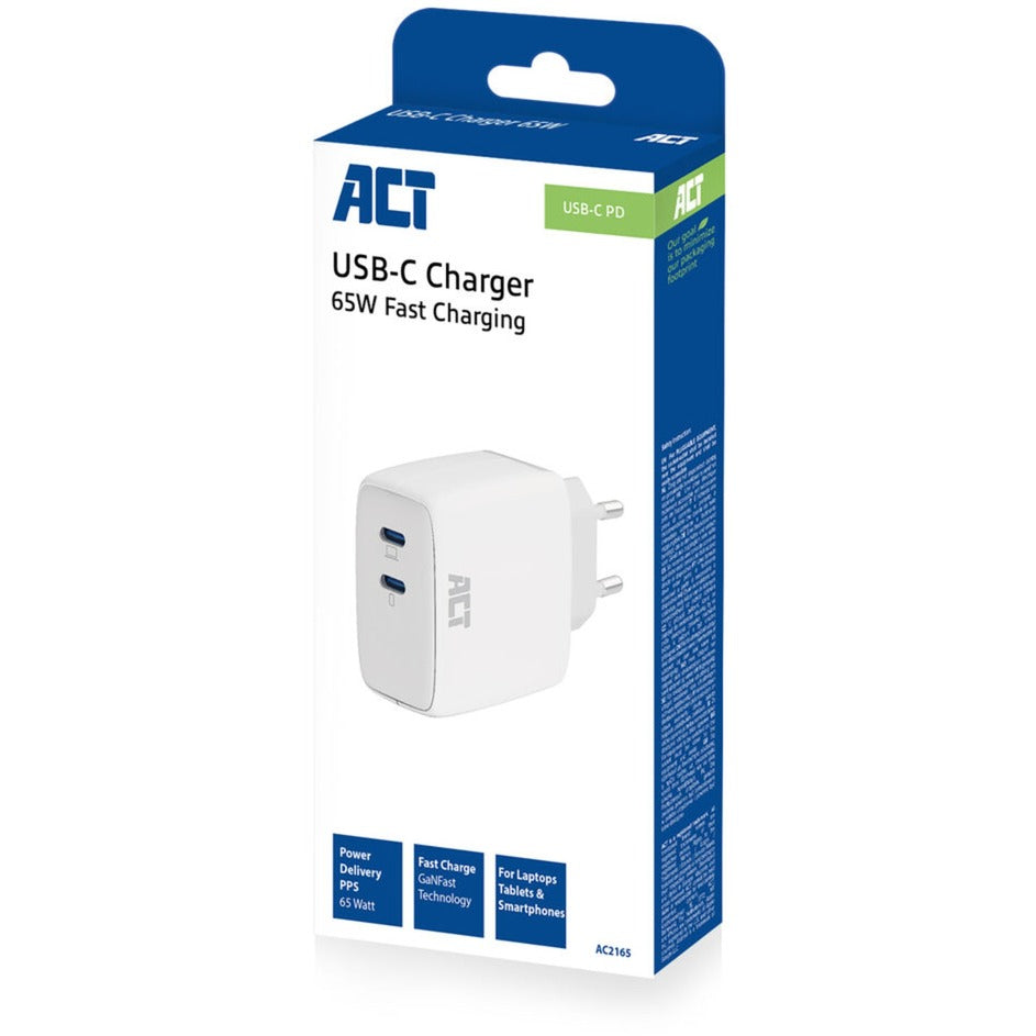 Act connectivity usb-c lader 65w 2-port met power delivery pps en ganfast (wit)
