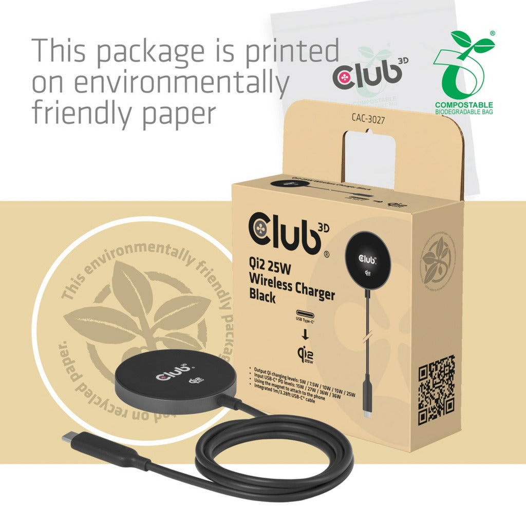Caricabatterie wireless Club 3D CAC-3027 Qi2 25 W (nero, certificato Qi, compatibile MagSafe, supporto magnetico)