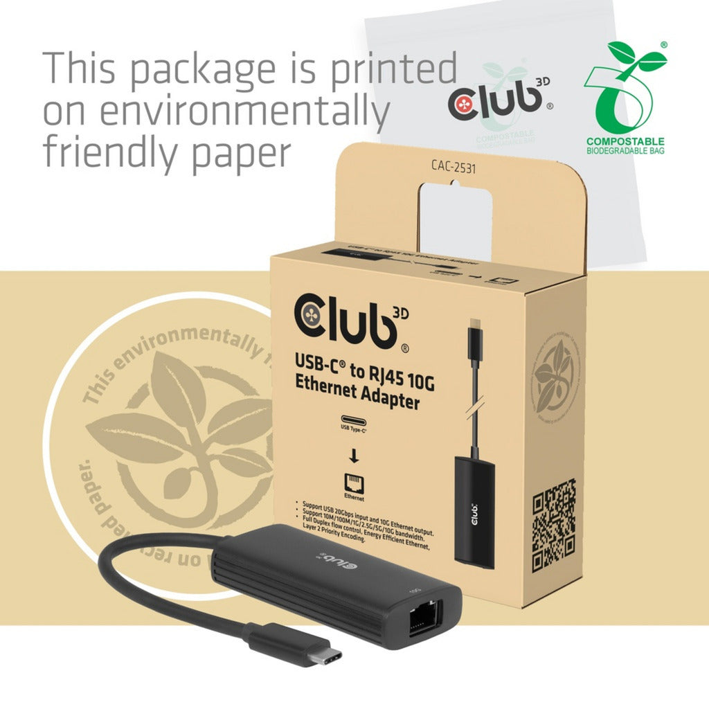 Club 3D CAC-2531 Adattatore Ethernet da USB-C a RJ45 10G (nero)
