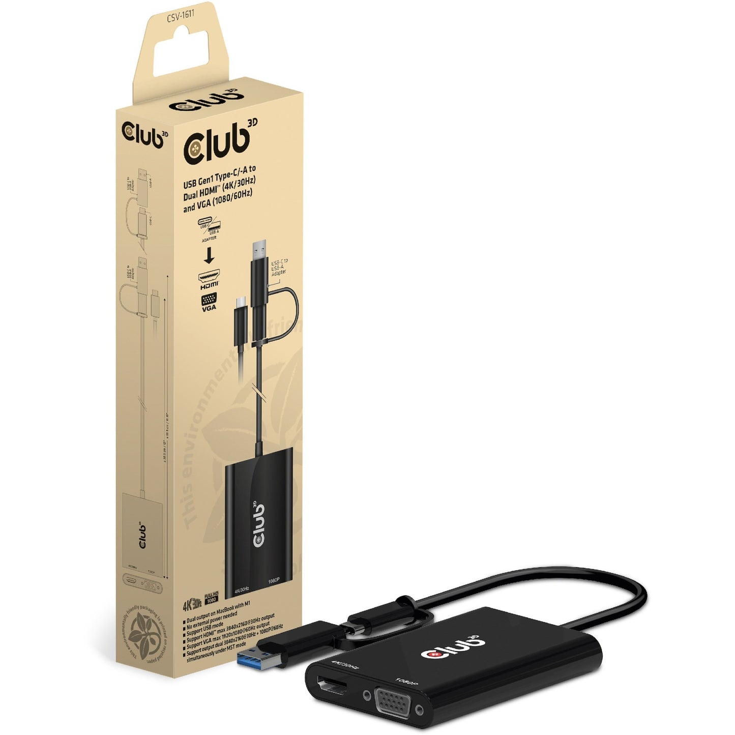 Club 3D USB Gen1 Tipo -c -A a doppio HDMI (4K 30Hz) VGA (1