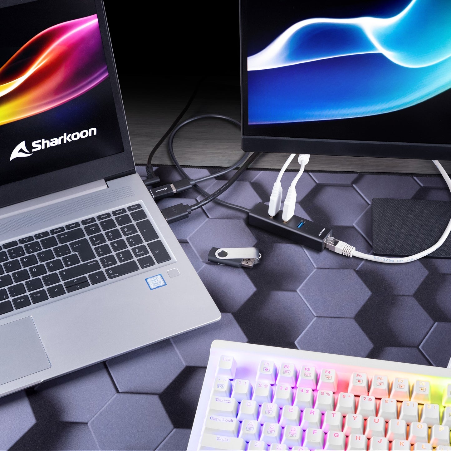 Sharkoon 3-Port USB 3.2 Gen 1 Alluminio Hub + RJ45 Ethernet