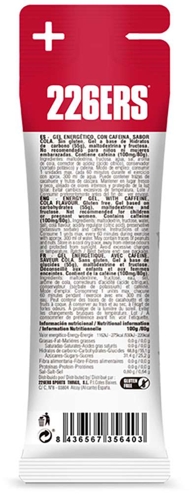 226ers gel de cola con cafeína 100mg alto en fructosa 80g