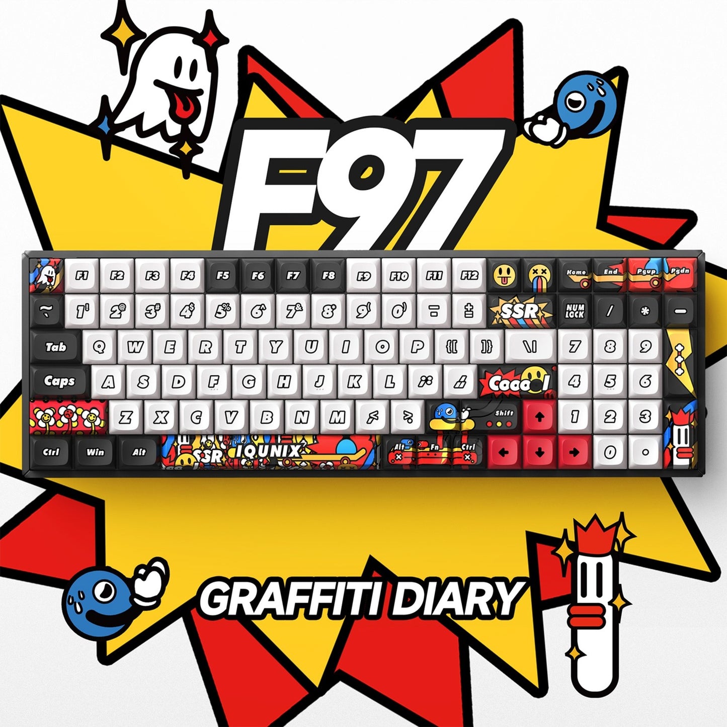 Iqunix f97 graffiti diary wireless mechanical keyboard (zwart, us lay-out (qwerty), ttc gold pink, 96%, rgb leds, hot-swappable, pbt, 2.4ghz | bluetooth 5.1 | usb-c)