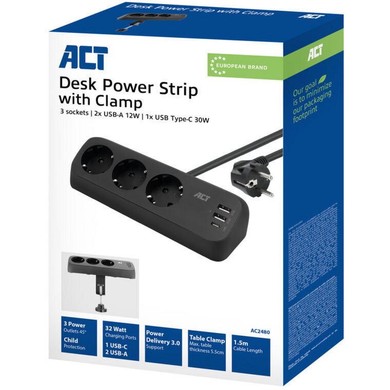 Regleta de conectividad Act con regleta de 3 tomas tipo F (negra, suministro de energía de 30 W, puertos USB tipo C A)