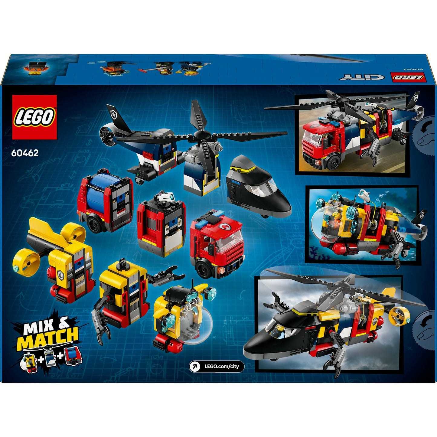 Elicottero LEGO LEGO 60462, camion dei pompieri e remix sottomisero
