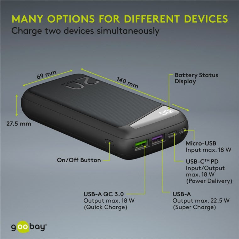 Goobay quick charge powerbank 20.000 mah - 74 wh (zwart, usb-c pd, qc 3.0)
