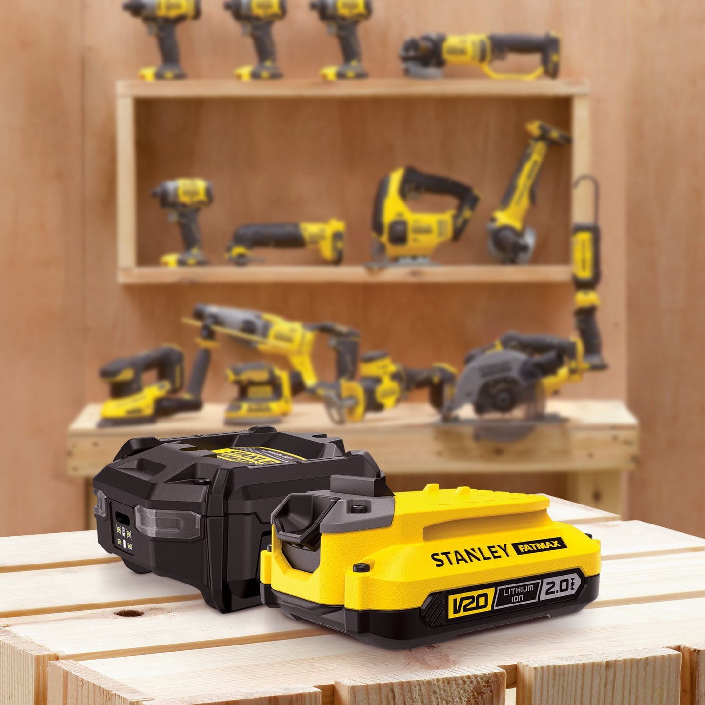Stanley fatmax 18v startset 1x 2,0ah accu + lader v20 oplader (zwart geel)
