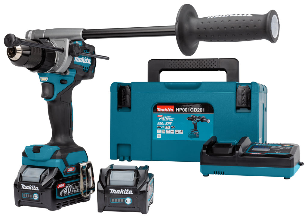 Makita hp001gd201 trapano avvitatore a percussione 40v max, batteria da 2,5 ah (2 pezzi), caricabatterie, mbox - hp001gd201