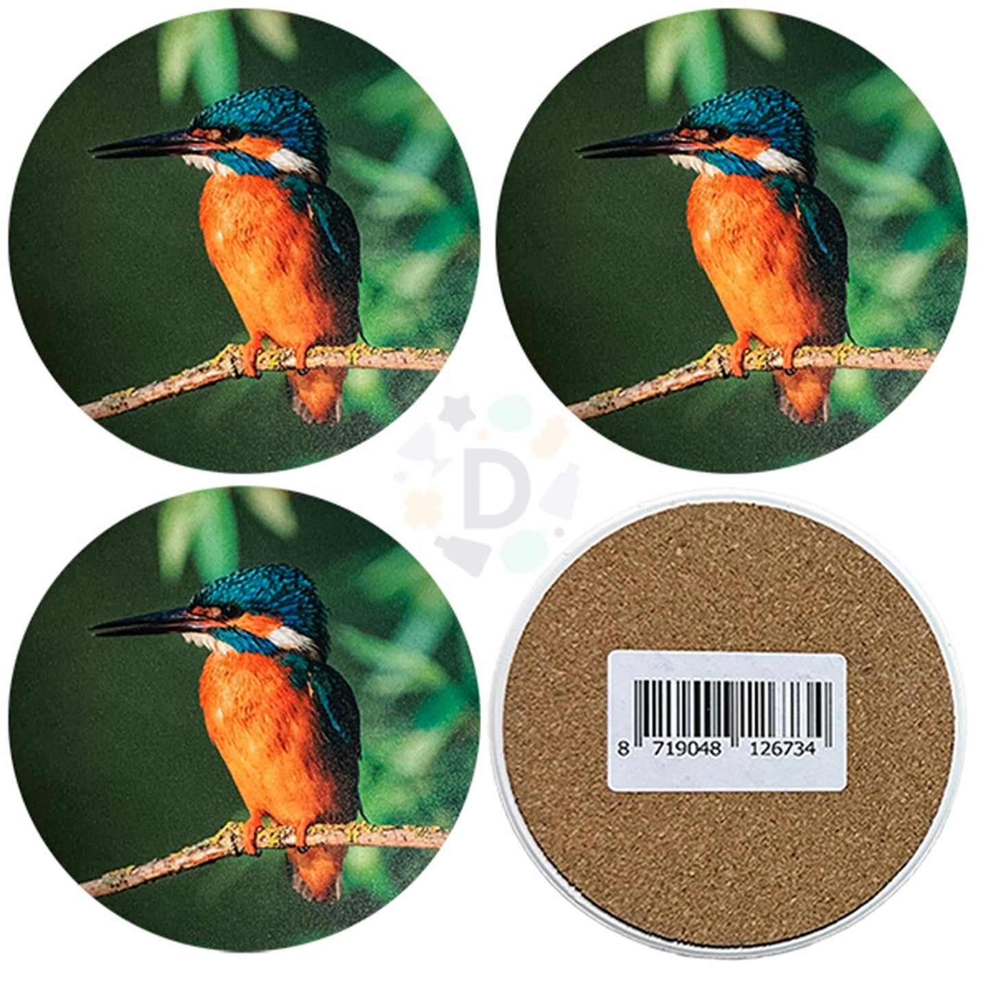 Sottobicchieri animali in legno Martin Pescatore 4 pezzi ø10cm