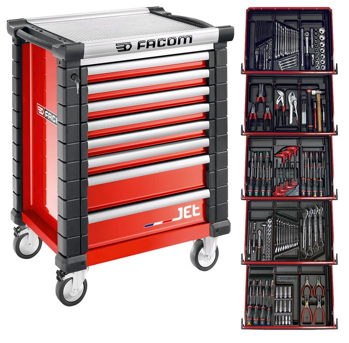 Carro de herramientas Facom 8 cajones m3, con 5 cajones llenos, rojo - jetcm175bnl