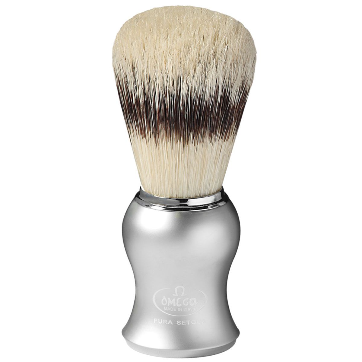 Brocha de afeitar omega cerdas de cerdo efecto pelo de tejón mango gris mate + estandarte 11cm