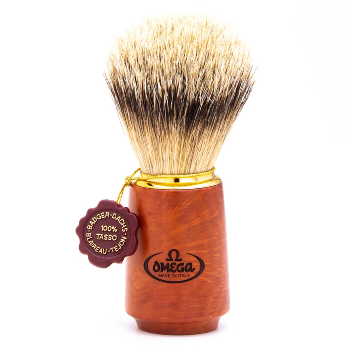 Brocha de afeitar omega 100% tejón punta plata mango madera de brezo 11cm