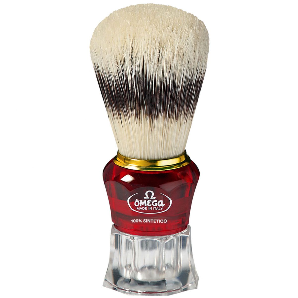 Brocha de afeitar omega hi-brush pelo sintético efecto pelo de tejón rojo mango transparente 11cm