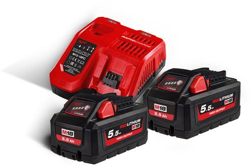 Milwaukee m18 hnrg-552 | high output accu starterset 18v (2x 5.5ah accu + m12-18 fc snellader) - 4933464713