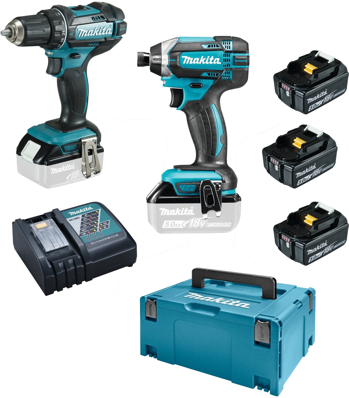 Juego combinado makita dlx2127tj1 - taladro/destornillador ddf482 18v + destornillador de impacto dtd152 batería 5.0 ah (3 piezas), cargador rápido, mbox