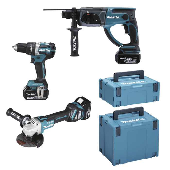 Makita DLX3093TJ 18V LXT Set de 3 piezas: amoladora angular DGA513 + taladro (de impacto) DHP484 + taladro percutor MR202 con 3 baterías de 5,0 Ah - DLX3093TJ