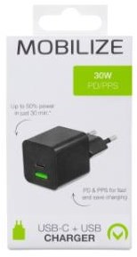 Caricabatterie rapido USB + USB-C Mobilize 30W nero - 9550191