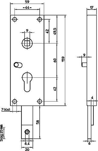 Cerradura de garaje Nemef 1807 b | pc60mm | caja cerradura acero galvanizado 59x159mm | fondo de varilla | no elástico | conexión m8 | función nocturna | dr 1+2+3+4 - 9180700020
