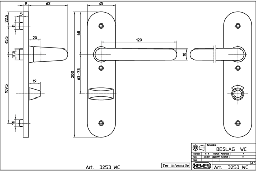 Nemef 3253 grifería inodoro ls escudo corto redondeado | d taburete-taburete | juego de herrajes | pinnadas | pasador de manivela 8mm | aluminio f1 | wc63 | dirección de rotación izquierda - 9325322632