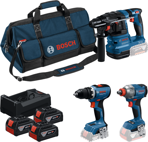 Bosch kit de herramientas bateria azul 3 kit de herramientas 18v gsr 18v-65 + gdx 18v-285 + gbh 18v-22 | 3x gba 18v 5.0ah + cargador gal 12v-18v-80 - 0615a50093