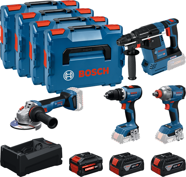 Kit de herramientas batería Bosch azul 4-kit de herramientas 18v | gsr 18v-65 + gdx 18v-285 + gbh 18v-26 + gws 18v-11 | + 2x gba 18v 5.0ah + 1x exba 18v 5.5ah + cargador - 0615a500bj