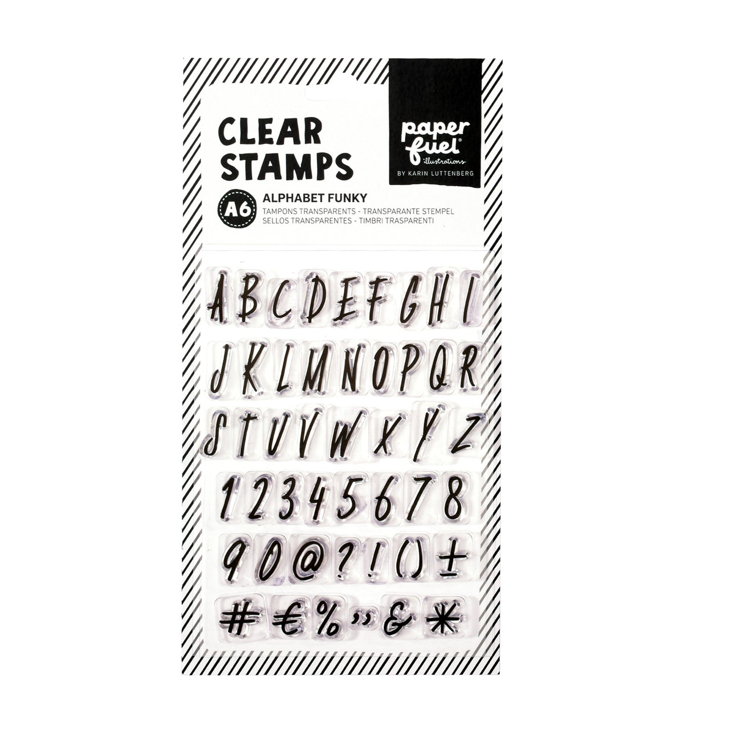 Paperfuel • timbro trasparente a6 alfabeto funky