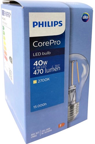 Philips LED GLS E27 4.3-40W 2700K filamento trasparente - LED3775