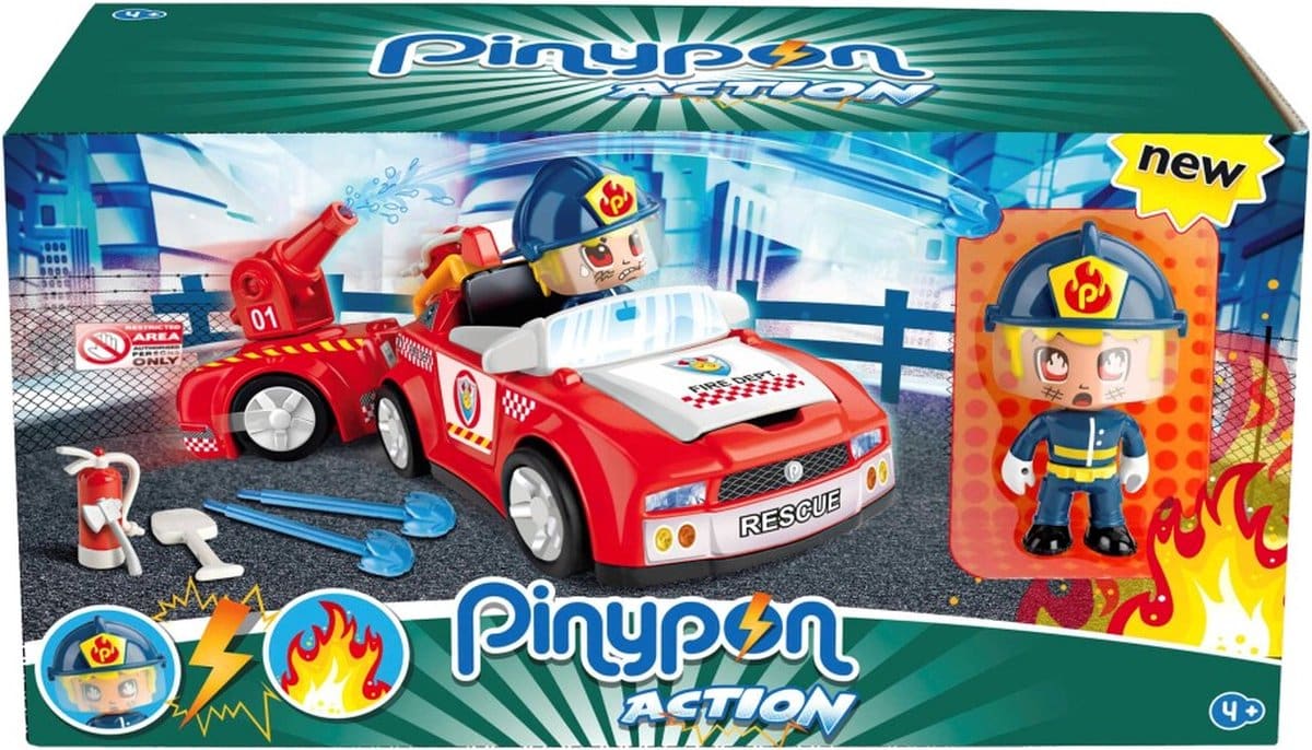 Pinypon Fire Brigade Auto con figura di gioco del rimorchio come pompiere