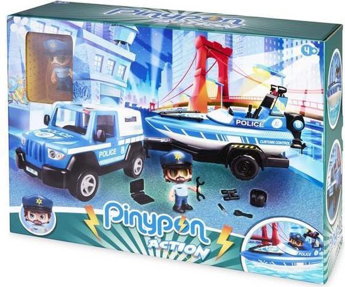 Auto della polizia di Pinypon con rimorchio e barca, compresa la figura da gioco