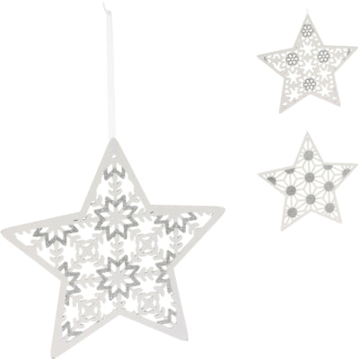 Appendino natalizio stella in legno bianco glitter 22 cm 3 assortiti | 24 pezzi