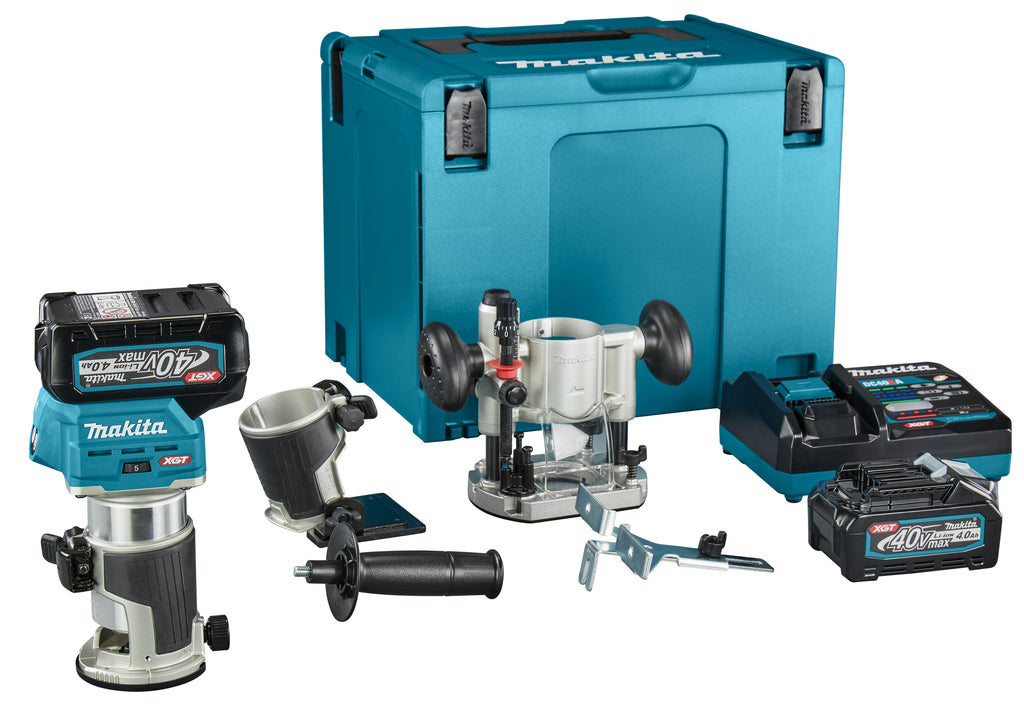 Fresa per top e bordi Makita rt001gm205 | 40 V massimo | 2 batterie da 4,0 Ah + caricabatterie rapido | incl. vari piedi | nell'mbox rt001gm205