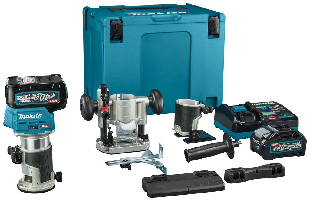 Fresadora superior y de borde Makita rt001gm206 | 40v máximo | 2 baterías de 4,0 ah + cargador rápido | incluido varios pies + adaptador de carril guía | en mbox-rt001gm206