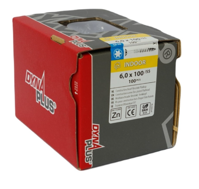 Vite da costruzione Dynaplus zincata testa svasata filetto parziale + punta tagliente torx tx30 6,0x100 55 | 100 pezzi - 0281.01.50601