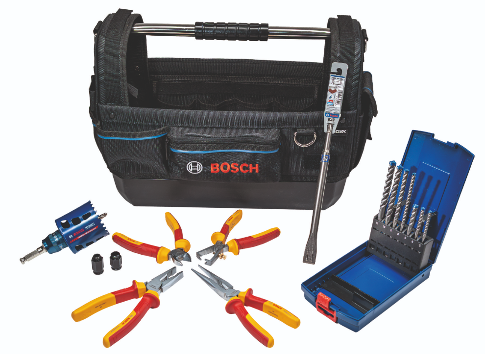 Kit de accesorios para electricista Bosch con juego de alicates VDE, juego de brocas SDS-plus, cincel, sierra perforadora de 68 mm en bolsa de herramientas - 061599768f