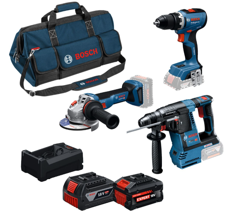 Juego combinado azul de 3 piezas de taladro inalámbrico Bosch GSR 18V-65, taladro percutor GBH 18V-26, amoladora angular GWS 18V-11, 2x GBA 18V 5,0Ah-5,5Ah - 0615A500aj