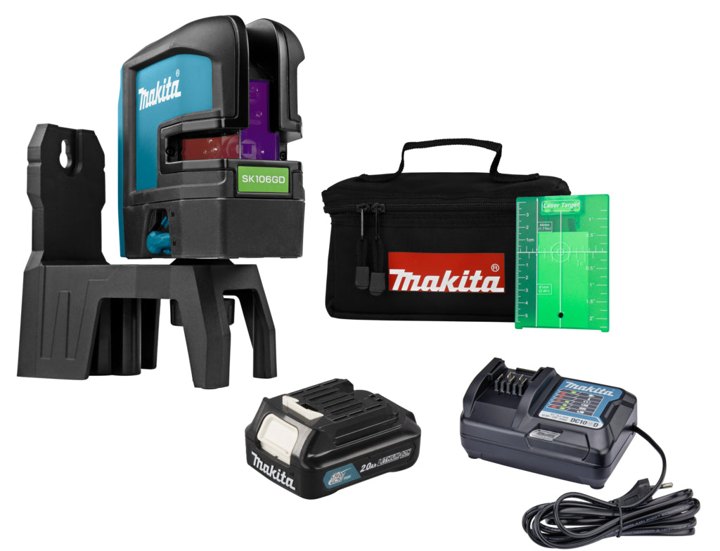 Makita sk106gdw laser a linea incrociata verde | 12v| incl. Batteria e caricabatterie da 2,0 Ah - sk106gdw