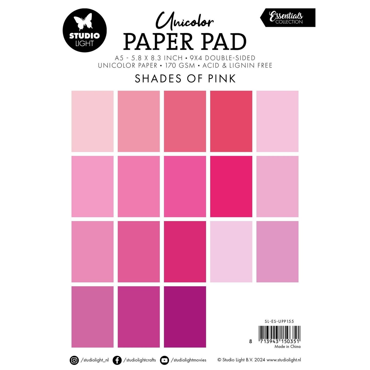Luz de estudio • bloc de papel unicolor Essentials en tonos de rosa