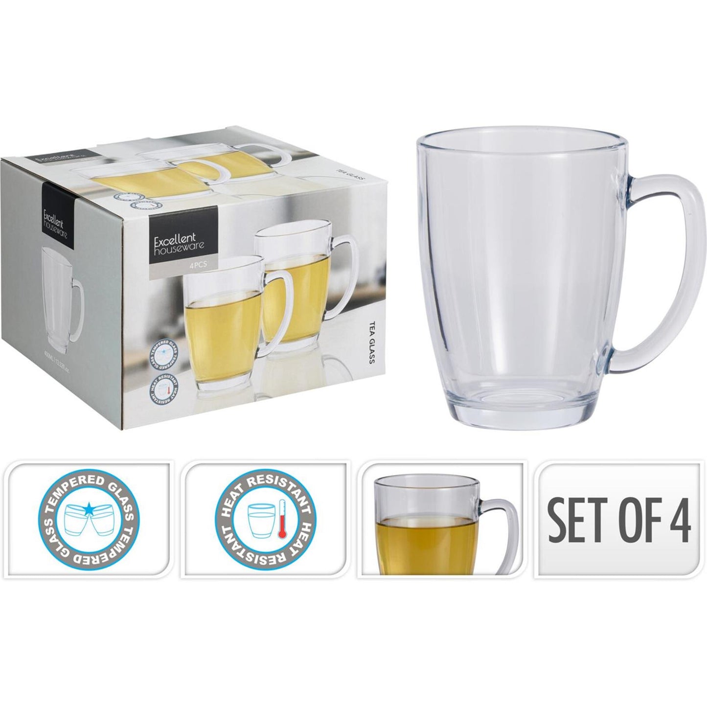 Set di 4 bicchieri da tè in vetro temperato Excelent houseware 400ml