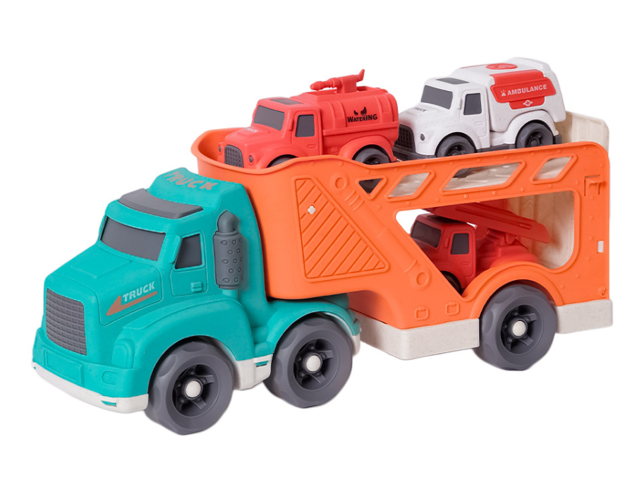 Camión de bioplástico Bio Toys - incl. 3 pequeños vehículos de servicio de emergencia