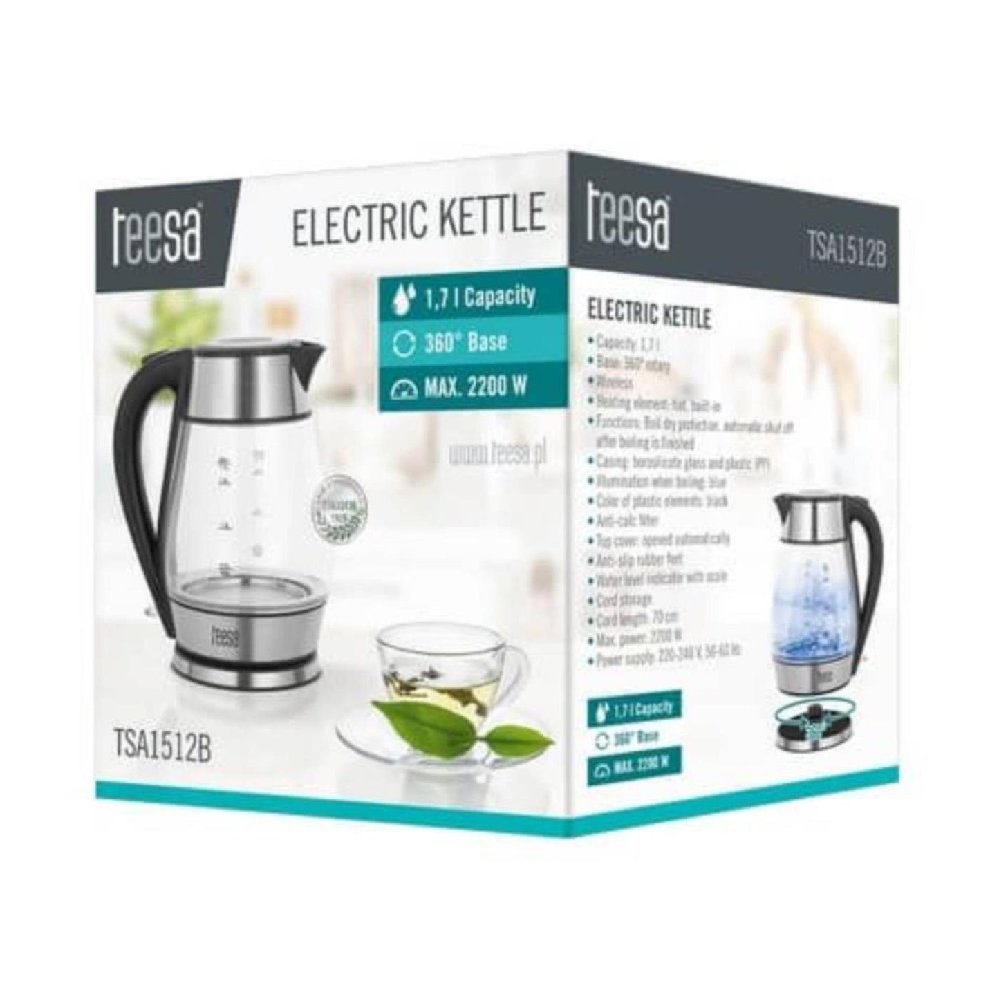Teesa tetera vidrio acero inoxidable 1,7l negro