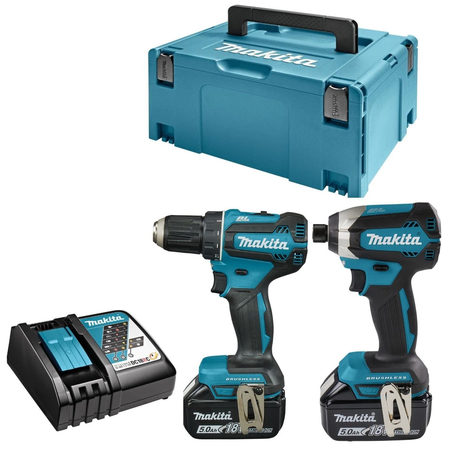 Set combinato Makita dlx2289tj - trapano avvitatore ddf485 18v + avvitatore a percussione a batteria dtd153 con batterie 5.0ah