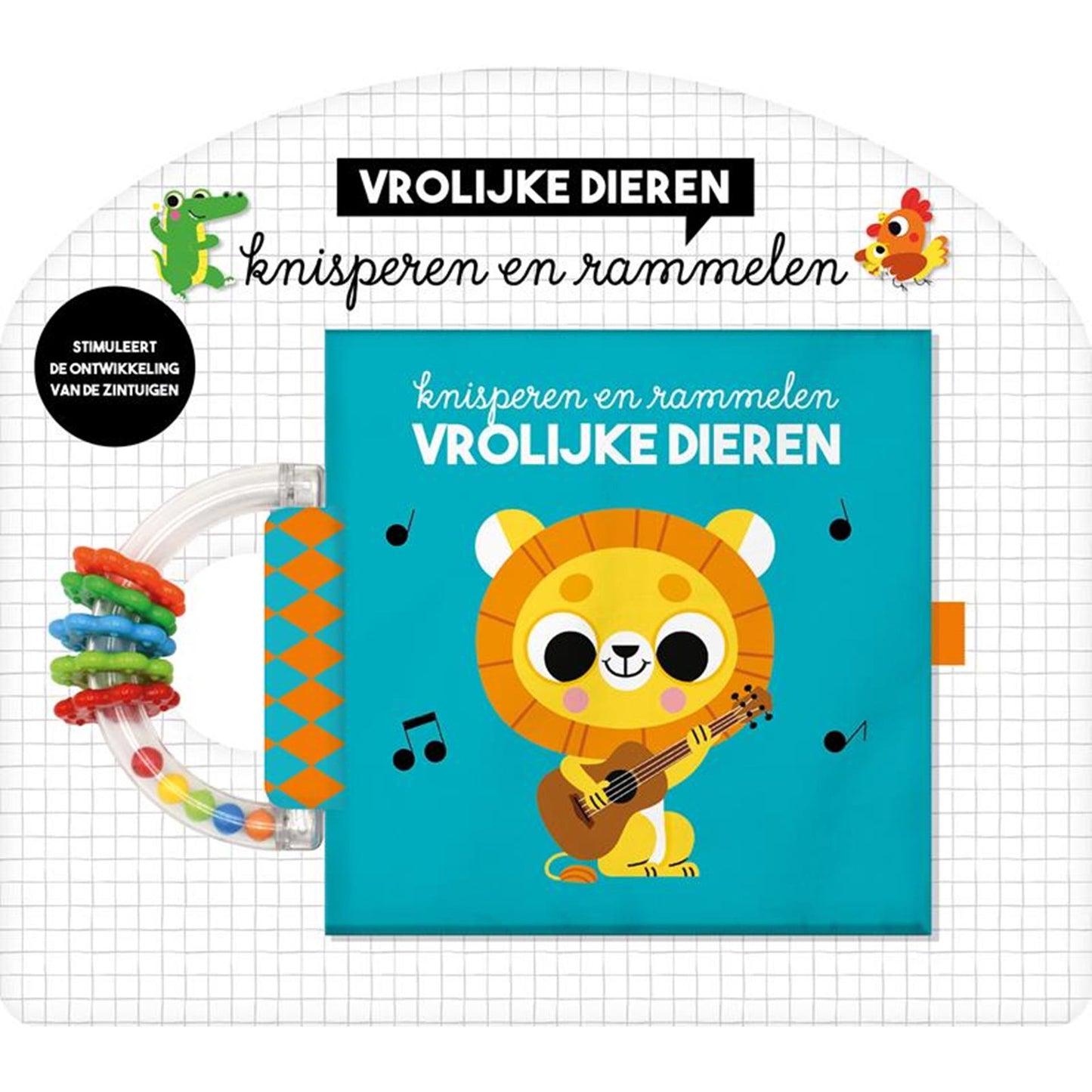 Libros de imágenes libro craquelado + sonajero animales felices